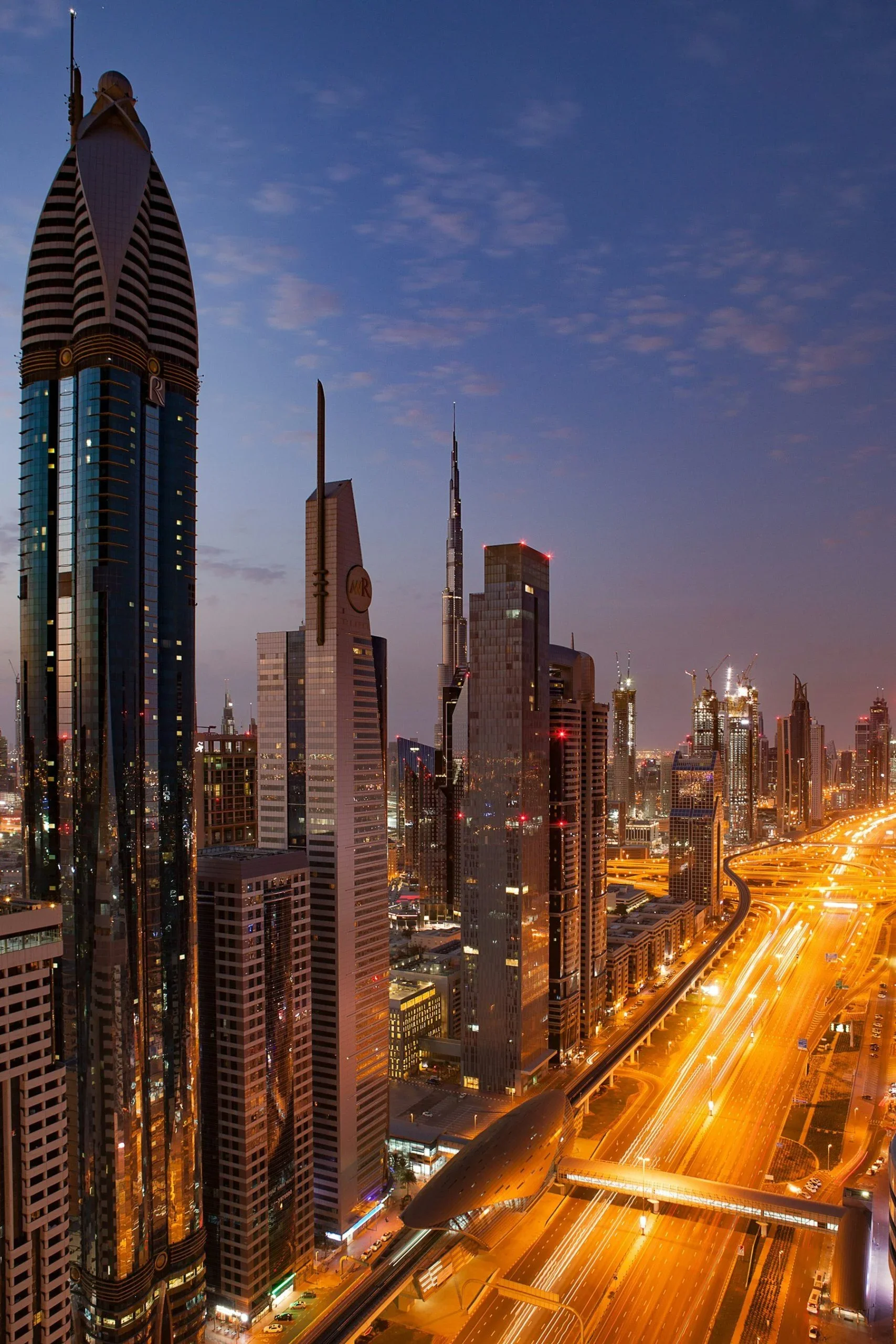 Dubai skyline lit up at night