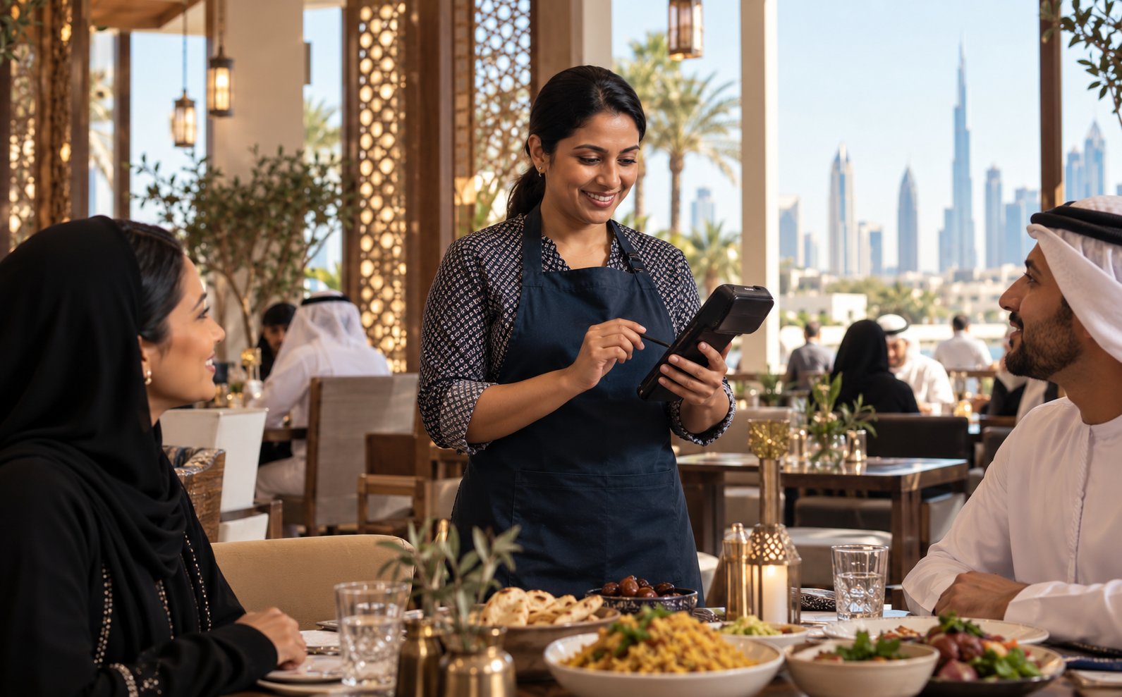 A waiter taking an order on a youcloud handheld at a Dubai restaurant