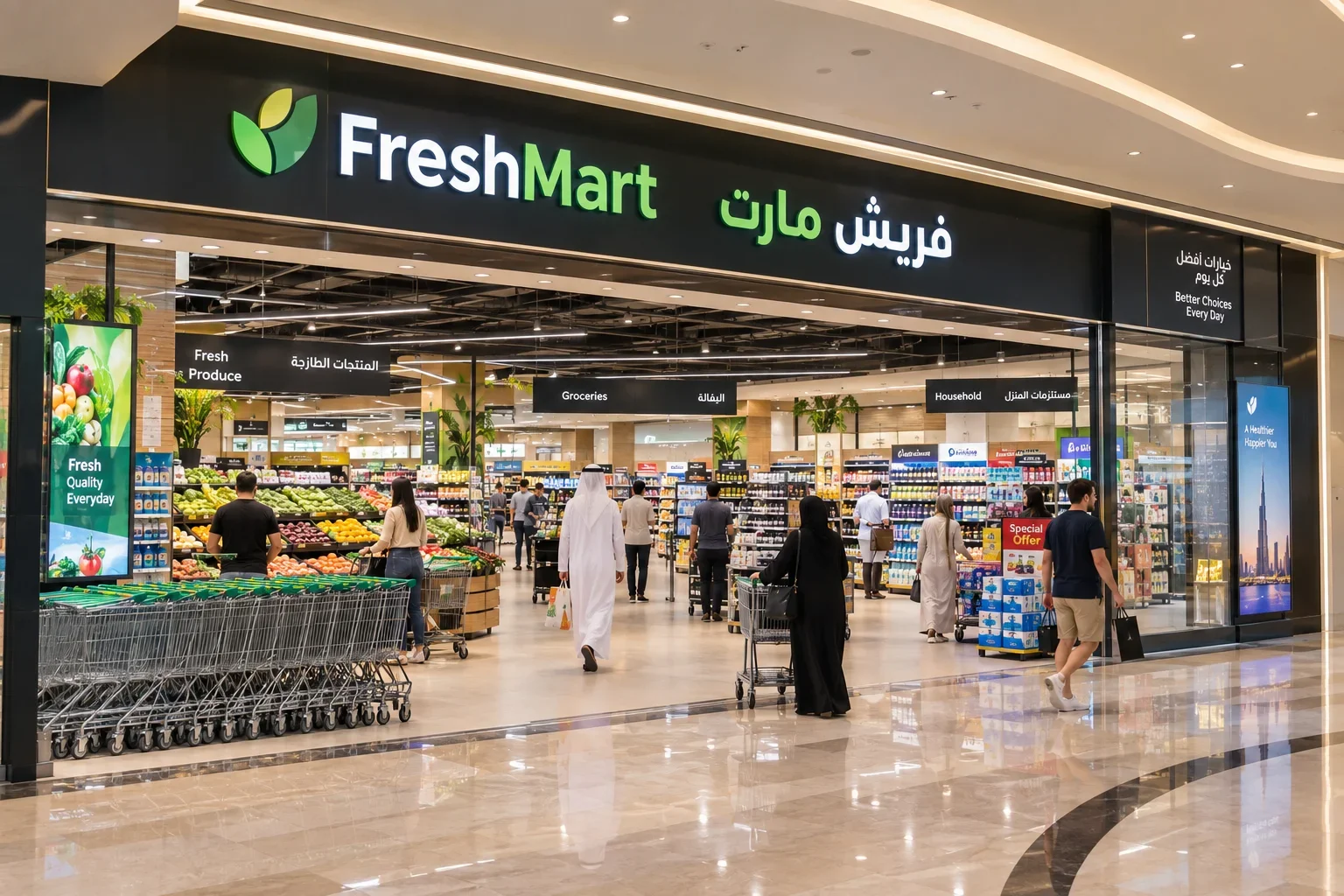A busy supermarket storefront in a Dubai mall